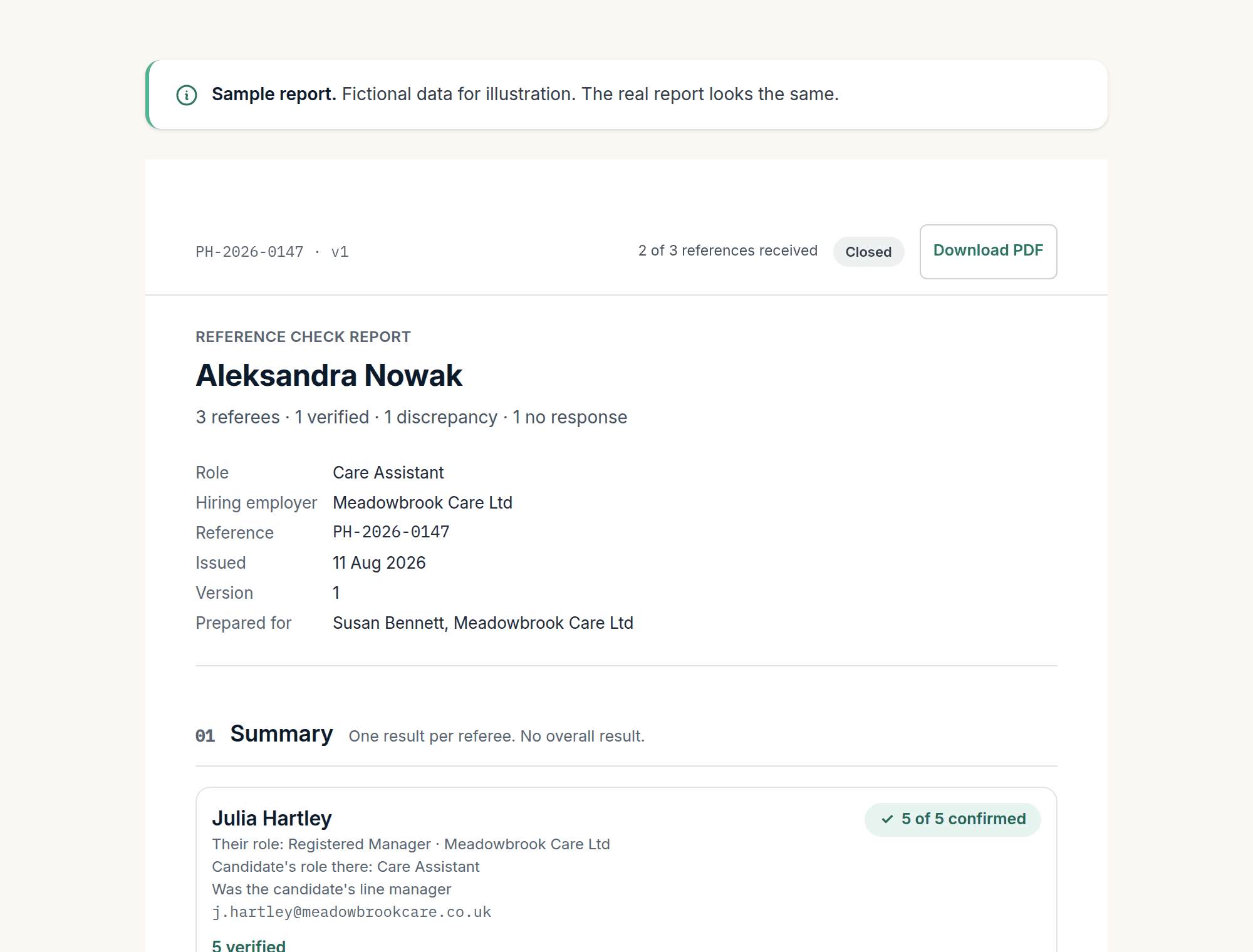 An extract of a PreHire sample reference check report